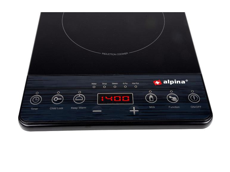 Schwarzer Induktionsherd mit Digitalanzeige '1400' und verschiedenen Kochfunktionen.