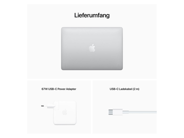 Ein Apple Laptop, ein 67W USB-C Netzteil und ein USB-C Kabel.