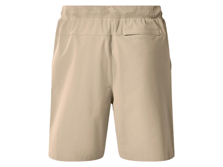 Herren-Bermudashorts in Beige mit elastischem Bund und Gesäßtasche, Rückansicht.