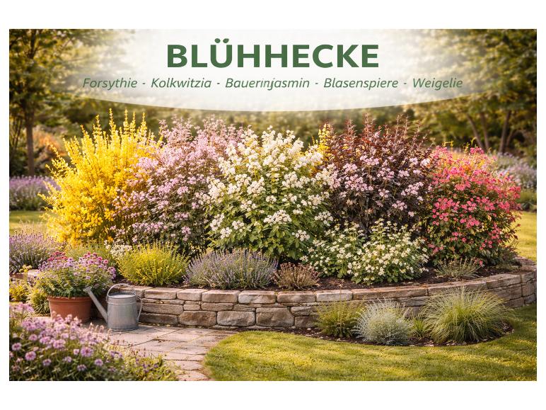 Blühhecke mit Forsythie, Kolkwitzia, Bauernjasmin, Blasenspiere und Weigelie.