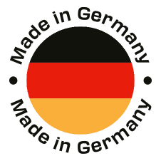 Rundes Siegel „Made in Germany“ mit den Farben der deutschen Flagge.