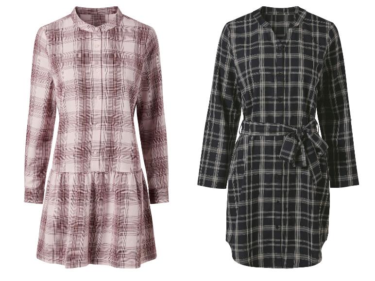 Zwei karierte Kleider, eines rosa und eines dunkelblau, mit langen Ärmeln.