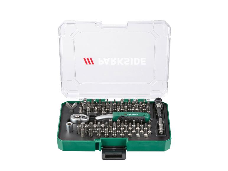 Parkside Bit- und Steckschlüsselsatz mit Ratsche in einer grünen Box.