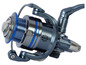 Eine blaue Angelrolle mit einer Metallspule.