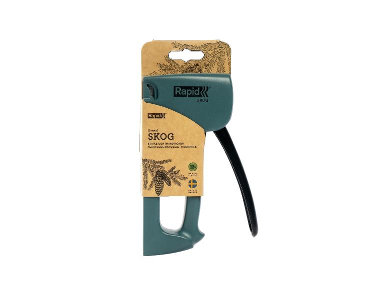 Rapid R53 Handtacker SoS in Waldgrün mit Verpackung, die Tannenzapfen zeigt.
