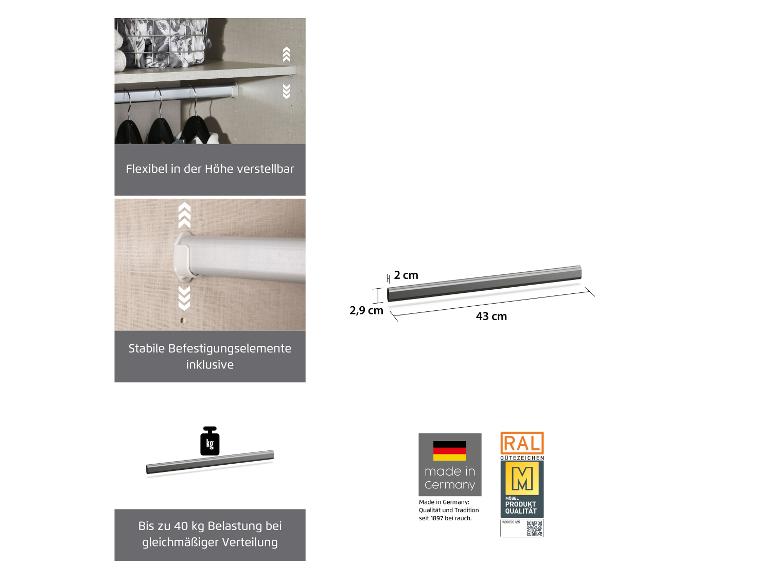 Verstellbare Kleiderstange mit Befestigungselementen, 43 cm lang, trägt bis zu 40 kg.