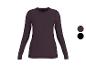 Damen-Langarmshirt in Pflaumenfarbe mit Rundhalsausschnitt, auch in Schwarz erhältlich.