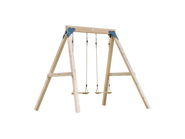 Holzschaukelgestell mit zwei Schaukeln, ideal für den Außenbereich.