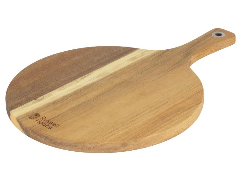 Ein rundes, hölzernes Schneidebrett mit Griff von Russell Hobbs.