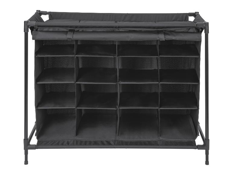 Schwarzes, faltbares Stoffregal mit vielen Ablagefächern.
