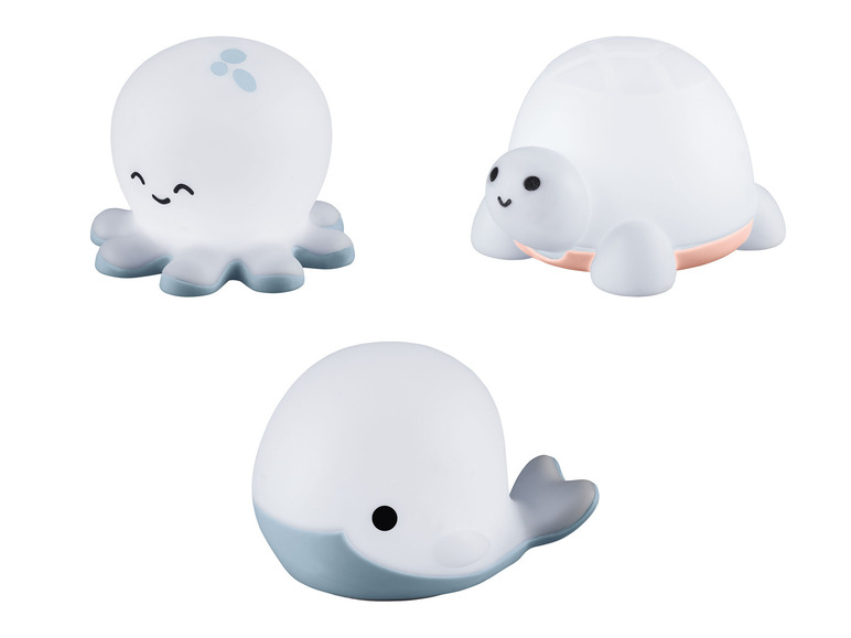 Nachtlichter in Form von Oktopus, Schildkröte und Wal für Kinder.