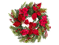 Weihnachtskranz mit roten Weihnachtssternen, Blumen und Beeren auf schwarzem Hintergrund.