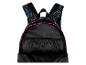 Schwarzer Rucksack mit rosa und türkisen Doodle-Mustern, geöffnet, um das Innere zu zeigen.