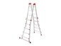 Eine zusammenklappbare Aluminiumleiter mit roten Akzenten.
