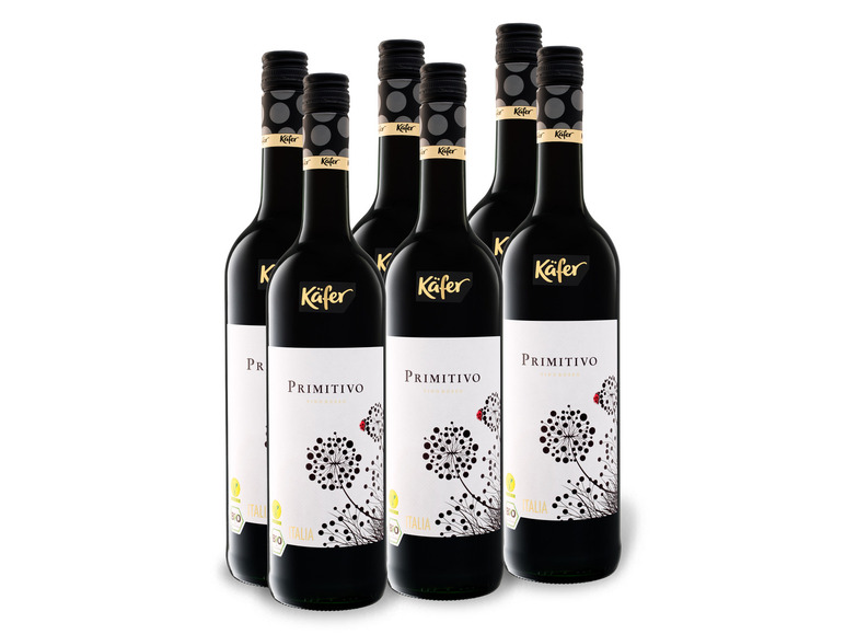 6 x 0,75-l-Flasche Weinpaket Käfer Bio & Vegan Primitivo IGP trocken, Rotwein
