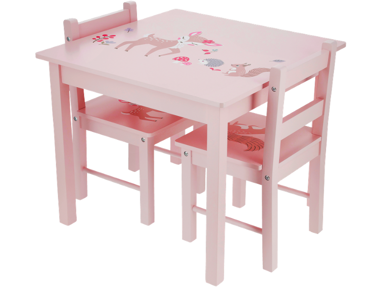 Rosa Holzkindertisch und zwei Stühle mit Waldtierillustrationen.