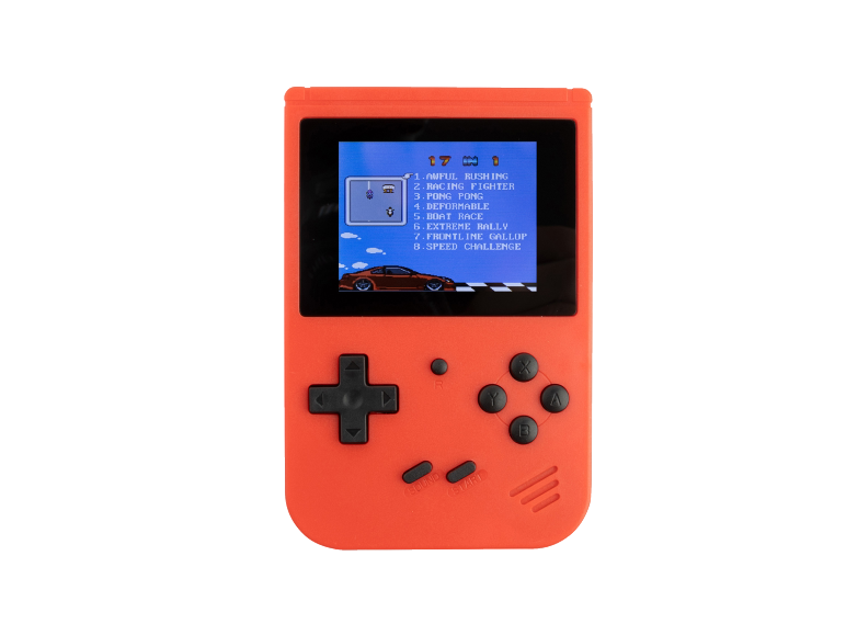 Rote Handheld-Spielkonsole mit einem Spielemenü auf dem Bildschirm.