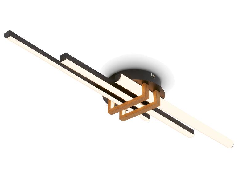 Moderne LED-Deckenleuchte mit schwarzem geometrischem Design und Holzelementen.