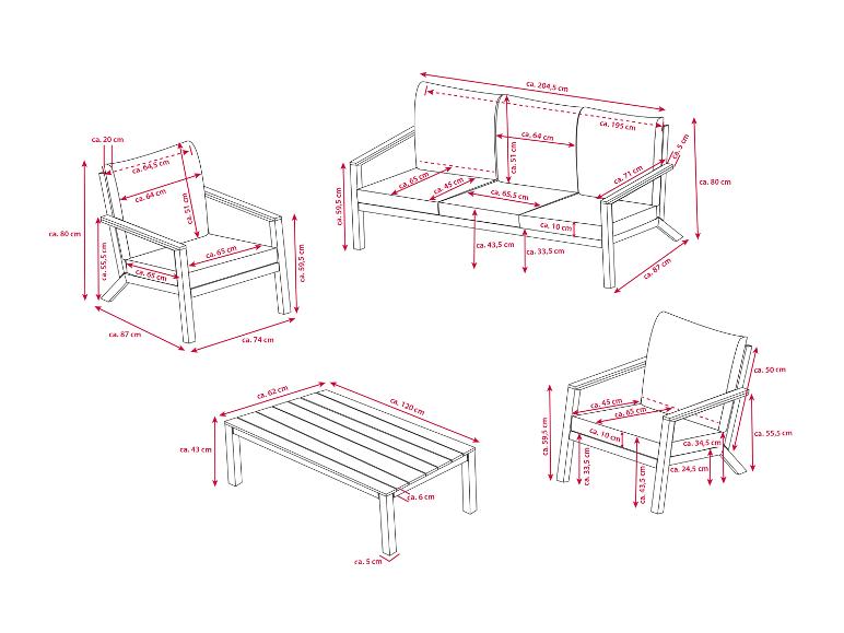 Maße Gartenmöbel-Set: Sofa, Sessel und Couchtisch.