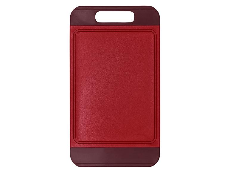 Rotes Schneidebrett mit dunkelbraunen Rändern und Griff