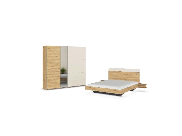 Bett- und Kleiderschrank-Set in Holzoptik und Cremefarbe