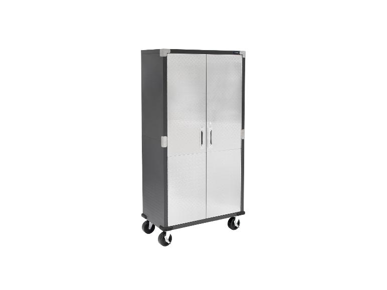 Grauer Metall-Garagenschrank auf Rollen mit Riffelblechtüren.