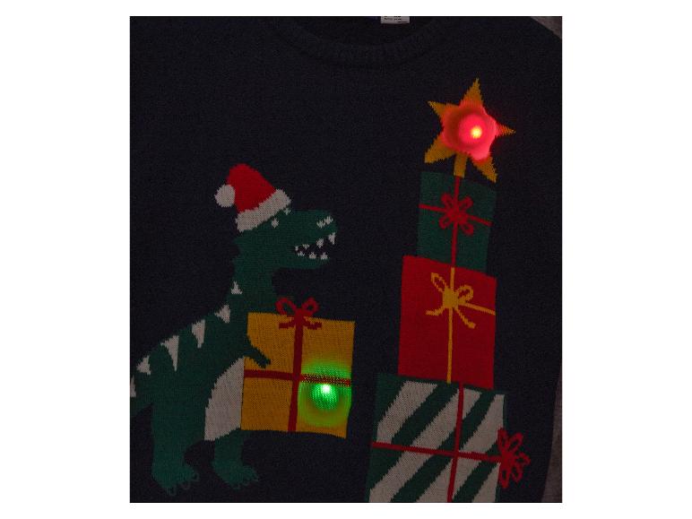 Weihnachtspullover mit Dinosaurier, Geschenken und LED-Lichtern.