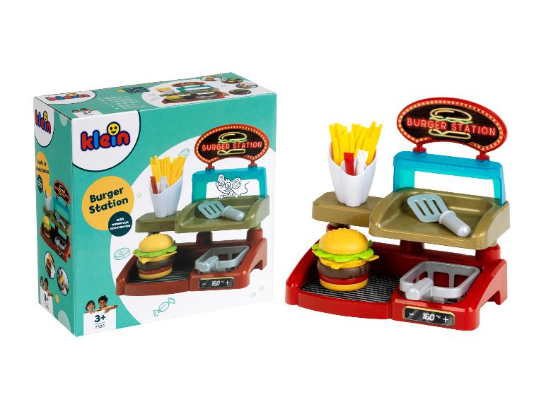 Klein Burger Station Spielzeugset mit Karton und dem Spielzeug mit Burger, Pommes und Pfannenwender.