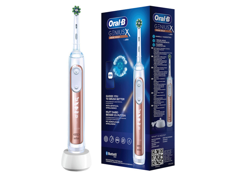 Oral-B Genius X elektrische Zahnbürste mit roségoldenen Griff und Ladegerät.