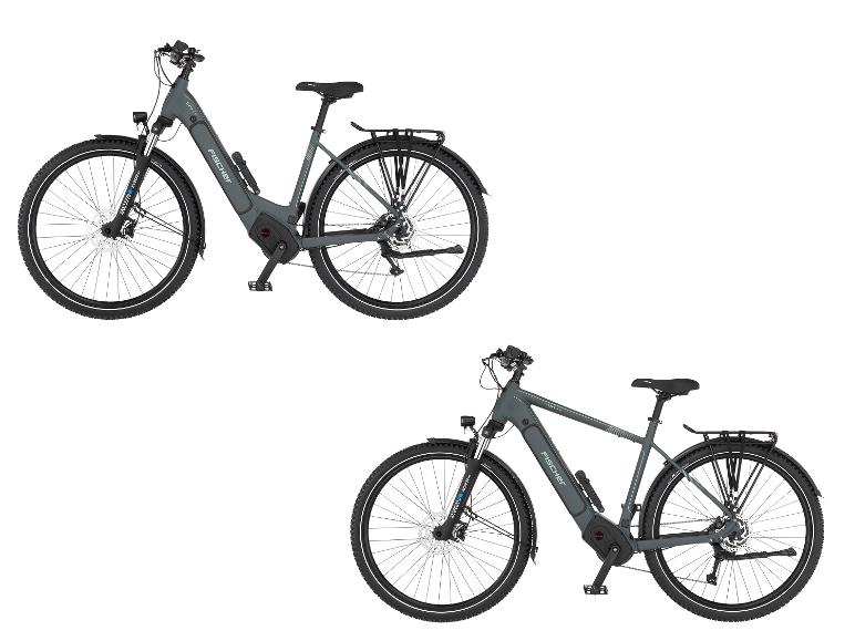 Zwei graue Trekking-E-Bikes, eines mit Tiefeinsteigerrahmen und eines mit hohem Rahmen.