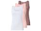 Drei Damen-Tanktops: weiß, hellrosa und braun.
