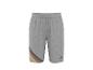 Graue Sweatshorts mit farbigen Streifendetails am linken Bein.
