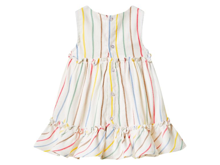 Mädchenkleid mit bunten Streifen, Rüschen und Knöpfen am Rücken.