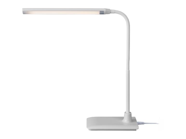 Weiße LED-Schreibtischlampe mit flexiblem Arm und rechteckigem Sockel.
