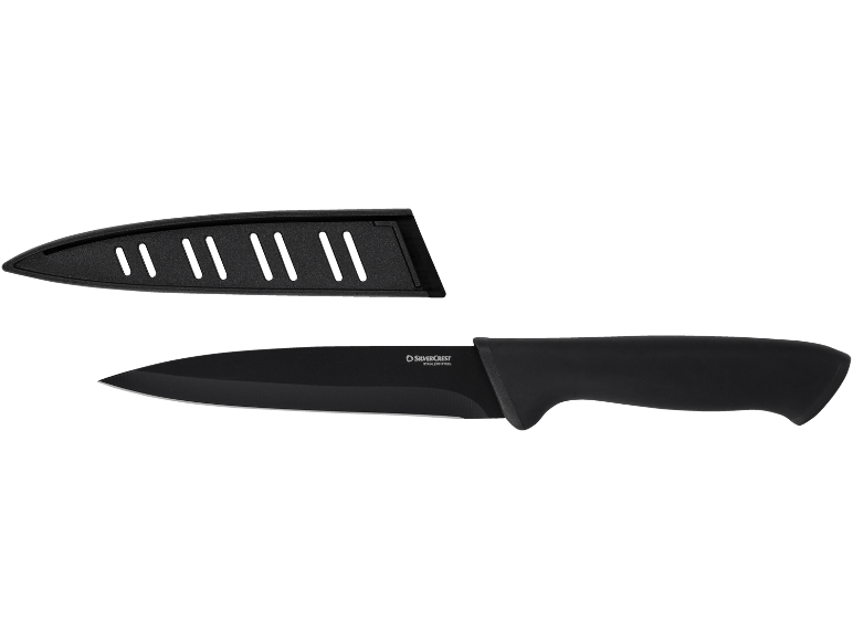 Schwarzes Küchenmesser mit schwarzer Klinge und schwarzer Scheide.