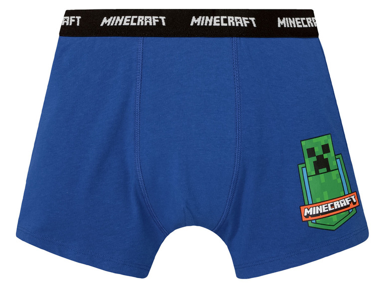 Blaue Minecraft Boxershorts mit Creeper-Druck.