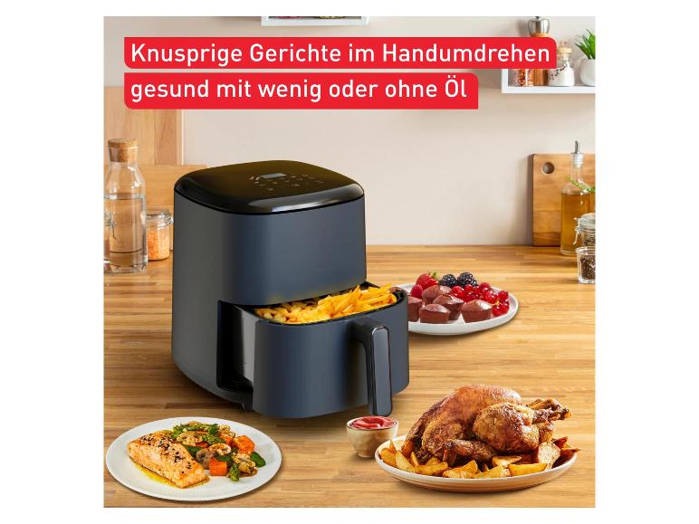 Heißluftfritteuse mit Pommes, Brathähnchen, Lachs und Desserts. Text: „Knusprige Gerichte im Handumdrehen, gesund mit wenig oder ohne Öl“