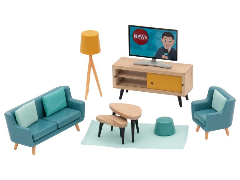 Puppenhausmöbel im Retro-Stil, darunter Sofa, Sessel, TV-Schrank mit Fernseher, Stehlampe und Couchtische.