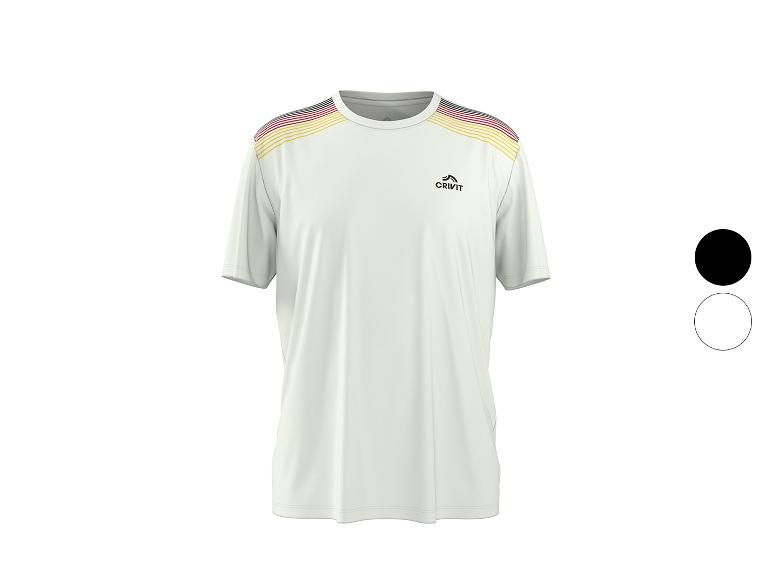 Weißes Sport-T-Shirt mit schwarzen, roten und gelben Streifen auf den Schultern.
