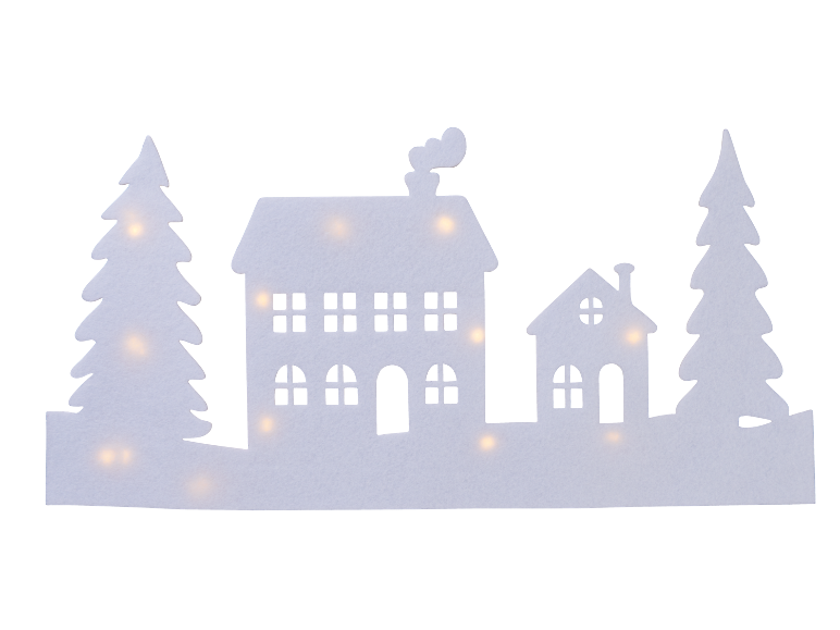 Weiße Filz-Weihnachtsdekoration mit Silhouette von Häusern, Bäumen und warmen LED-Lichtern