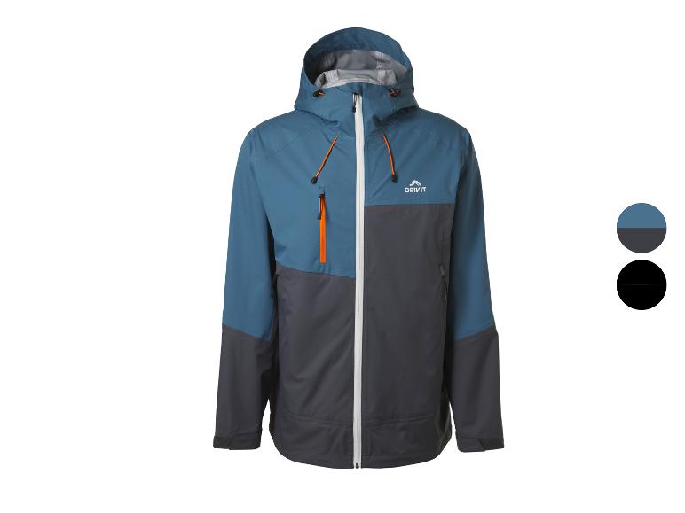 Herren-Outdoorjacke in Blau und Dunkelgrau mit orangefarbenen Details.