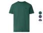 Grünes Kurzarm-T-Shirt mit kleinem gesticktem Logo und Farbmustern.