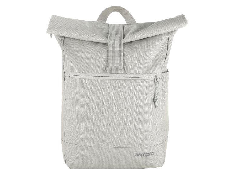 Hellgrauer Rolltop-Rucksack mit Reißverschluss-Vordertasche und Tragegriff.