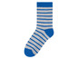 Eine graue Socke mit blauen Streifen.