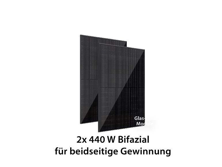 Zwei schwarze 2x 440 W bifaziale Solarmodule zur beidseitigen Energiegewinnung.