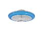 Deckenventilator mit blauer LED-Beleuchtung und weißem Gitter.