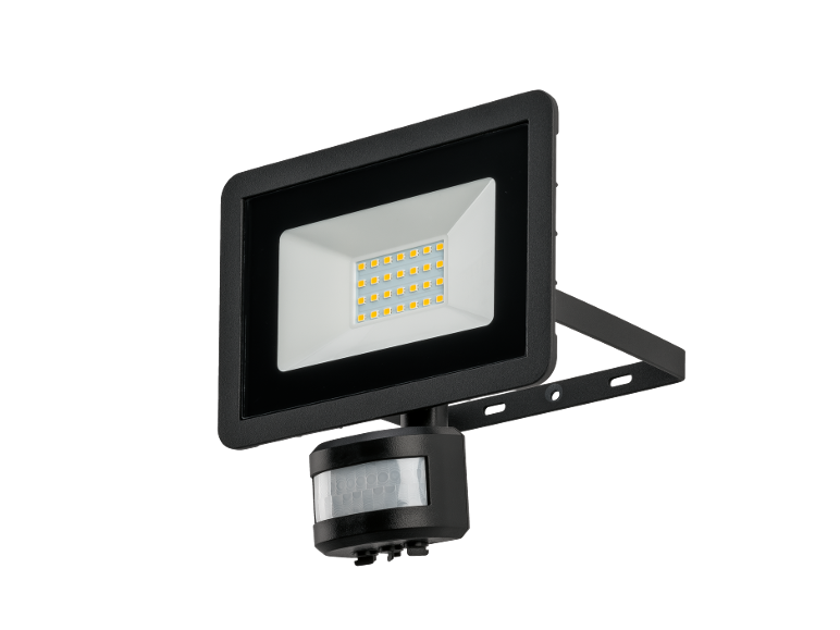 LED-Flutlichtstrahler mit Bewegungsmelder, schwarz, weiße Lichtplatte mit gelben LEDs.