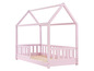 Ein rosa Holzbett mit einem Hausdach.