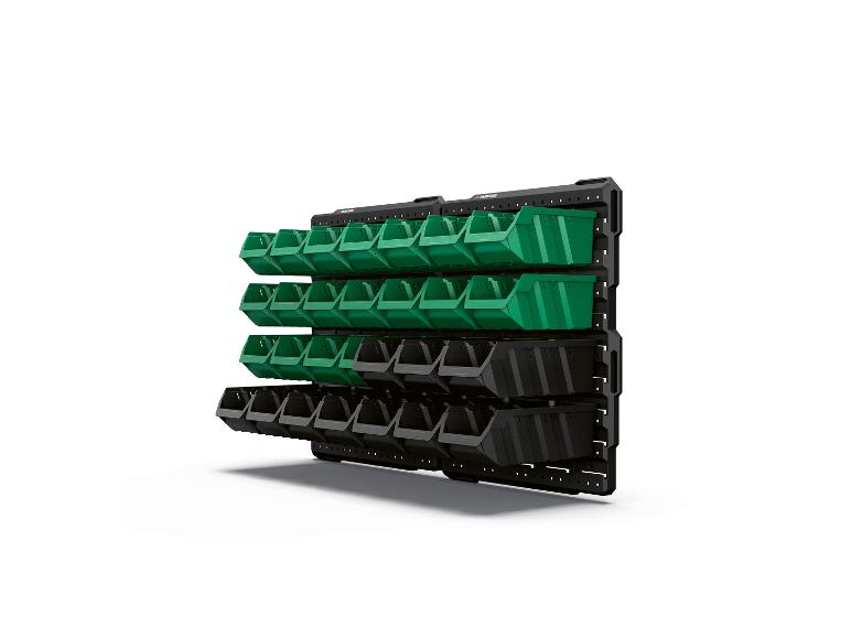 PARKSIDE Wandregal mit grünen und schwarzen Aufbewahrungsboxen.