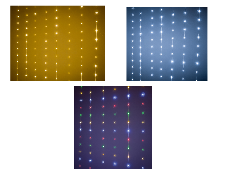 LED-Lichterketten in Gold, Kaltweiß und Mehrfarbig.